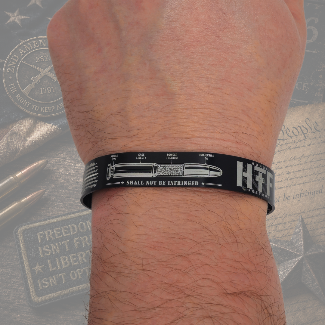 Black Second Amendment bracelet for men with Shall Not Be Infringed 2A design shown on wrist
