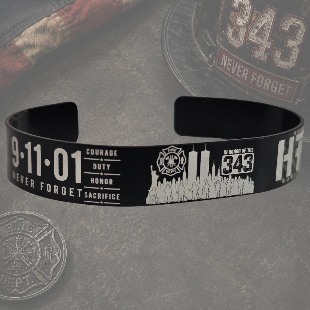9/11 Never Forget firefighter memorial bracelet honoring the 343 firefighters lost on September 11