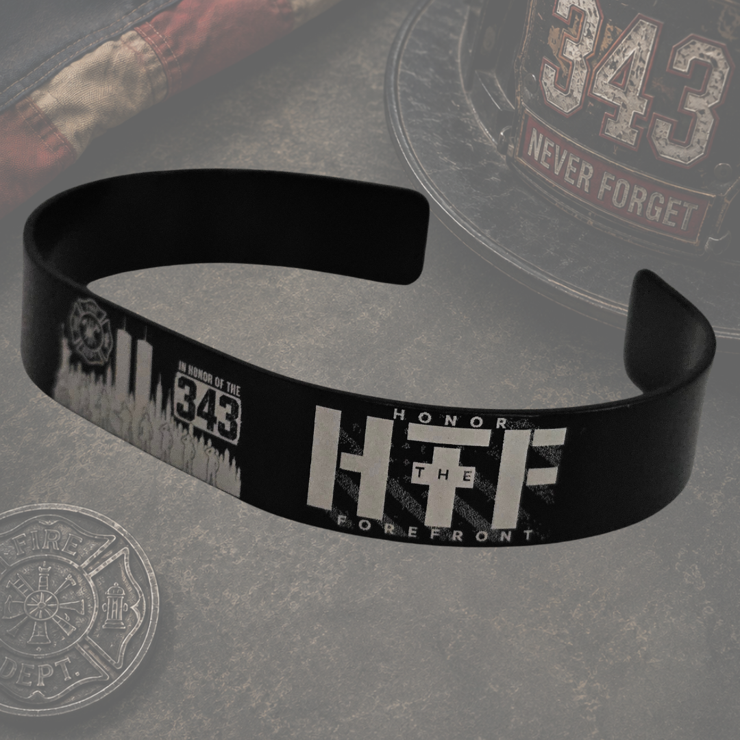 September 11 firefighter memorial cuff bracelet featuring 9-11-01 Never Forget engraving