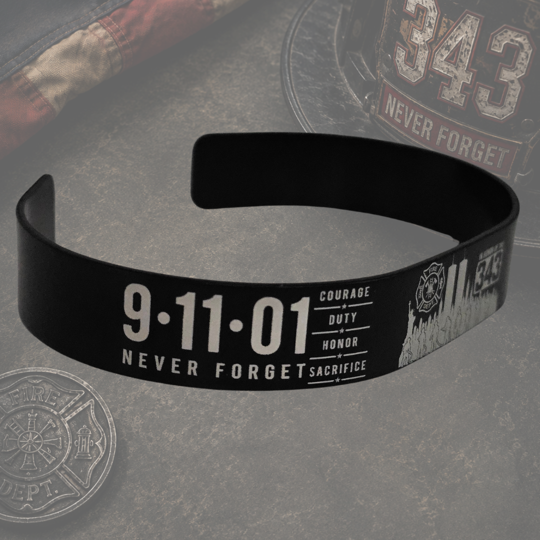 Black 9/11 firefighter tribute bracelet with Twin Towers and In Honor of the 343 engraving