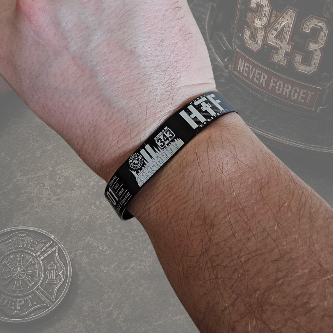 Black September 11 Never Forget bracelet with firefighter memorial, Twin Towers and 343 tribute engraving