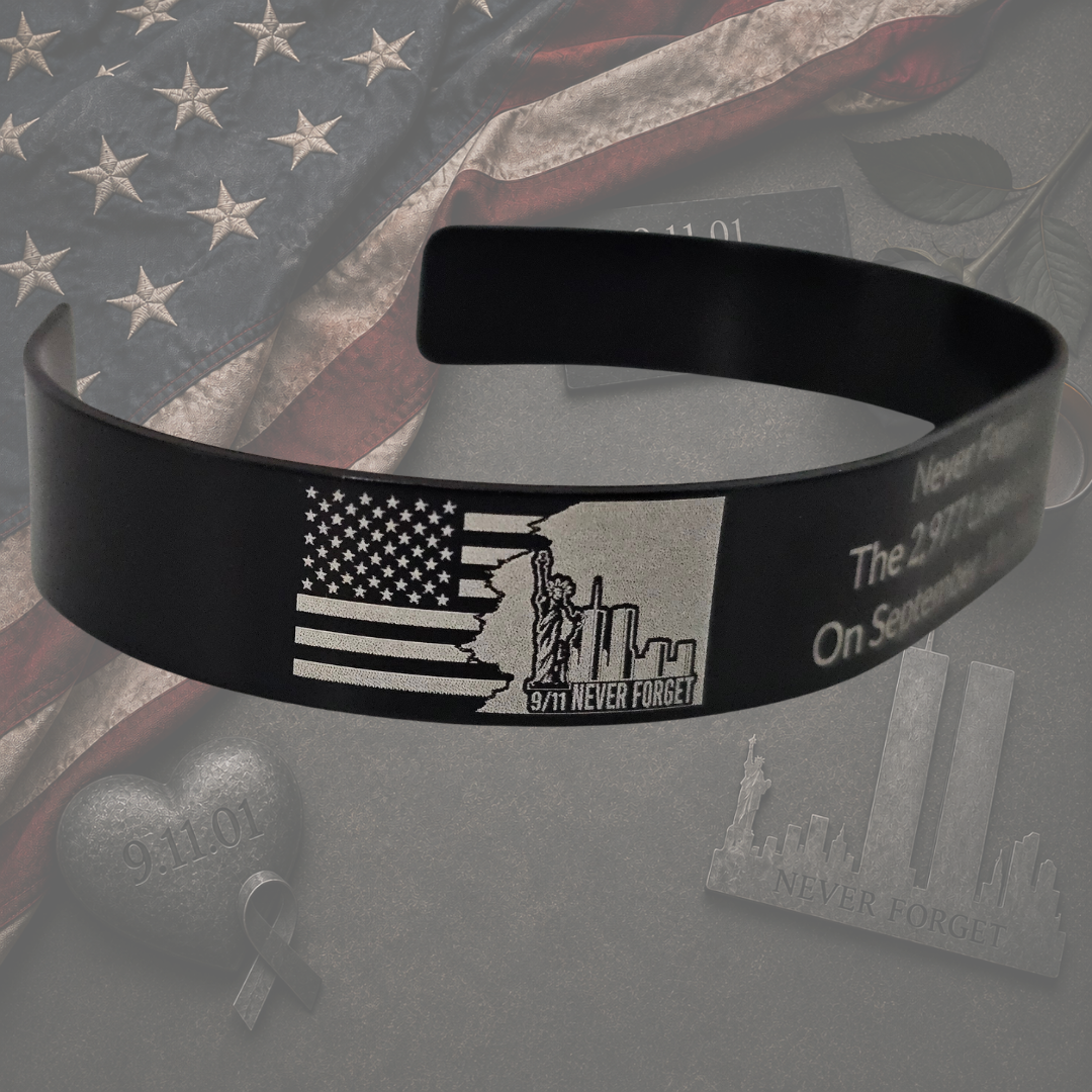 Black September 11 memorial cuff bracelet with Never Forget engraving