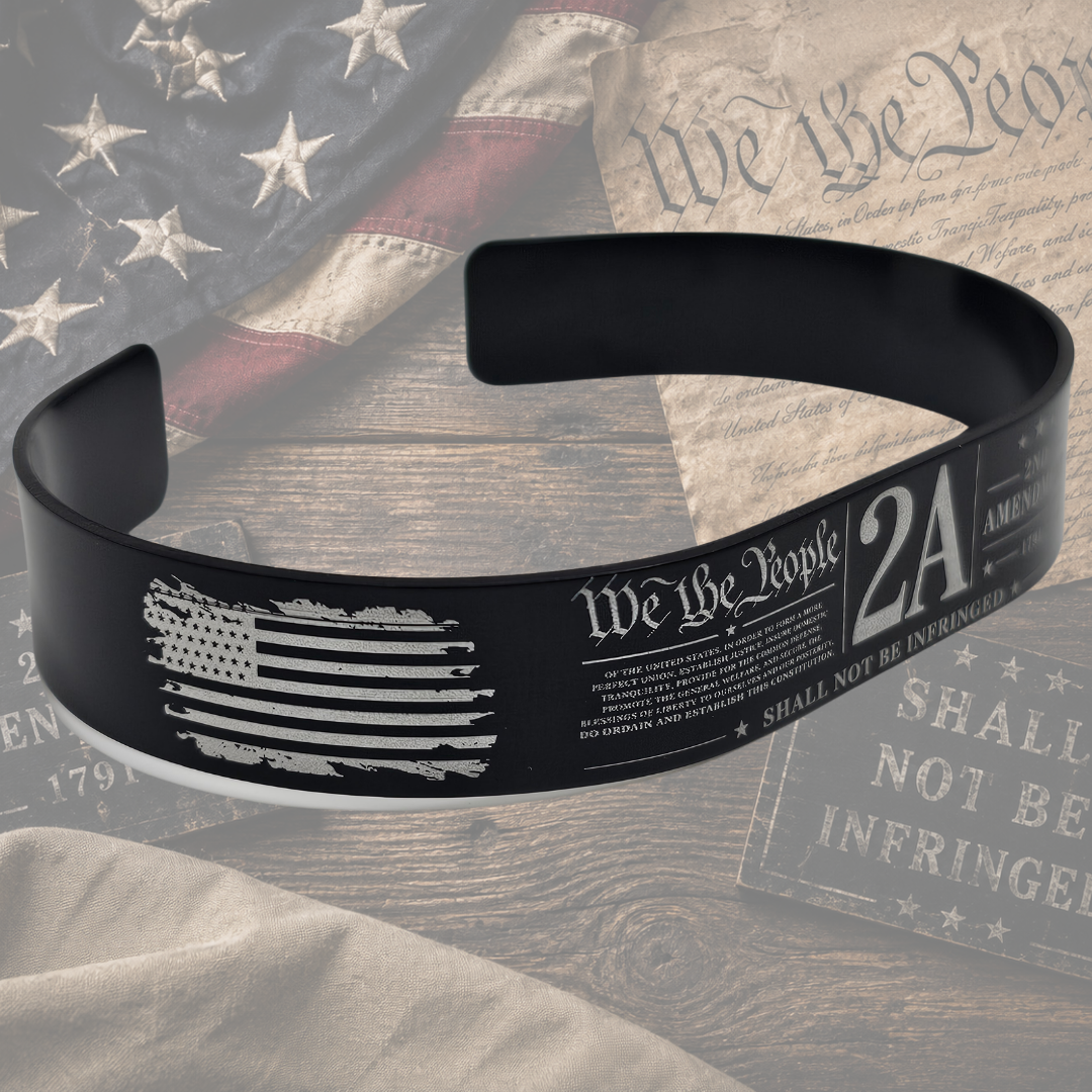 Second Amendment bracelet with distressed American flag We the People and 2A engraving