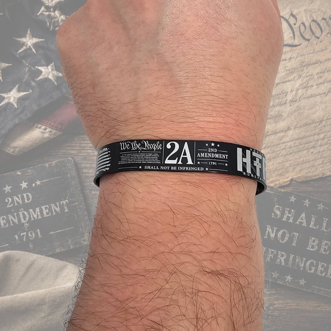 The Uninfringed 2A Second Amendment bracelet for men shown on wrist