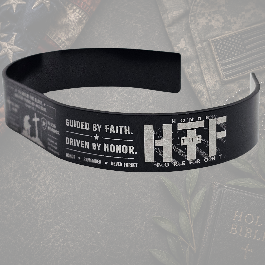 Engraved Christian cuff bracelet with Guided By Faith Driven By Honor design