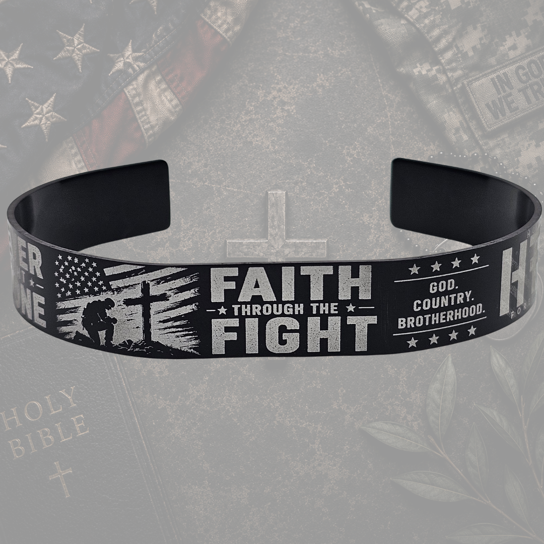 Faith Through the Fight military faith bracelet with soldier cross and American flag