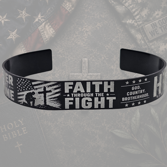 Faith Through the Fight military faith bracelet with soldier cross and American flag