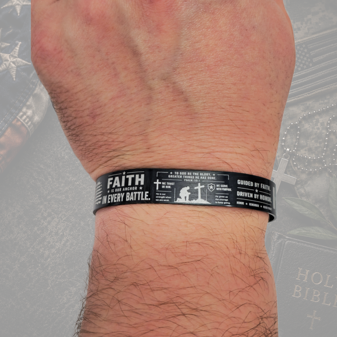 Faith Is Our Anchor bracelet with distressed American flag worn on wrist