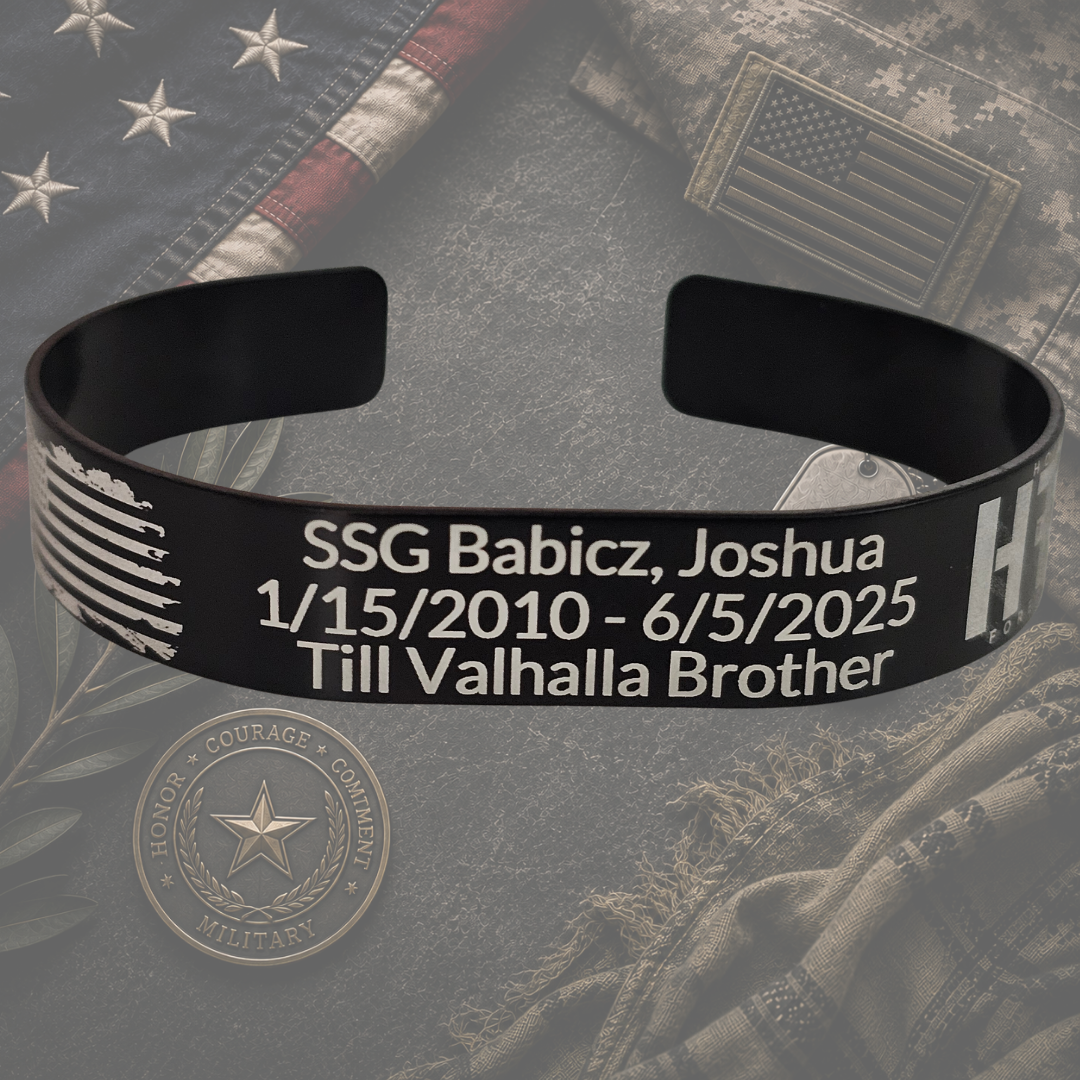 Personalized military memorial bracelet with American flag and military tribute background