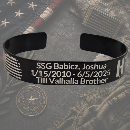 Personalized military memorial bracelet with American flag and military tribute background