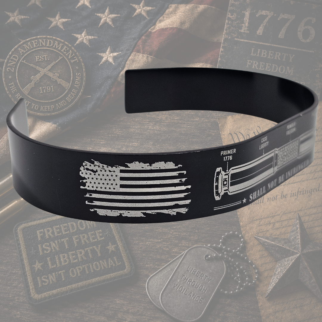The Liberty Round Second Amendment bracelet with distressed American flag and Shall Not Be Infringed engraving