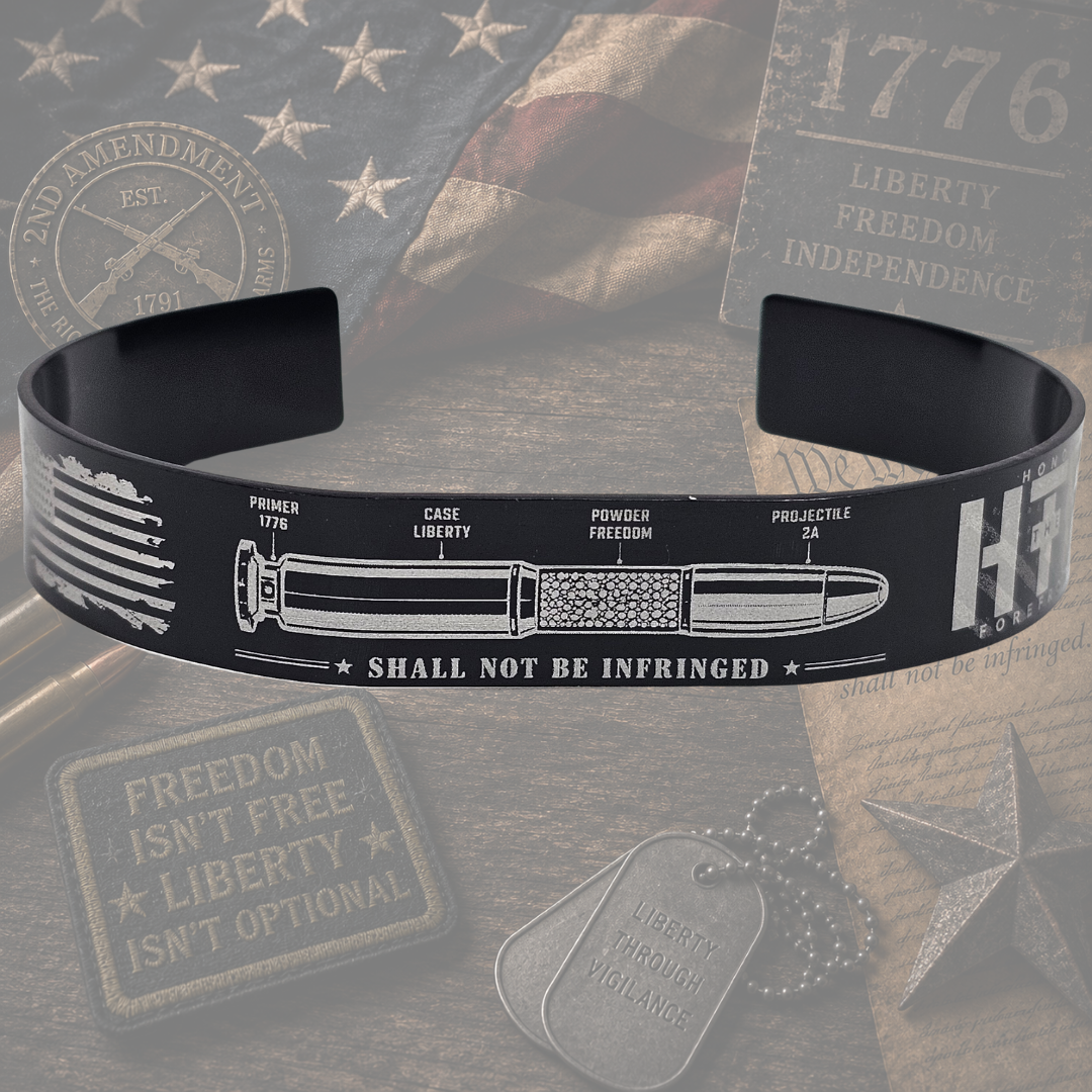 Second Amendment bracelet with 1776 Liberty Freedom 2A cartridge design and Shall Not Be Infringed engraving