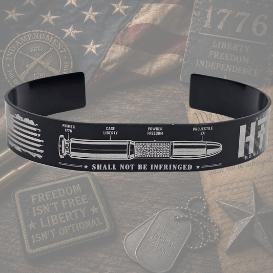 Second Amendment bracelet with 1776 Liberty Freedom 2A cartridge design and Shall Not Be Infringed engraving