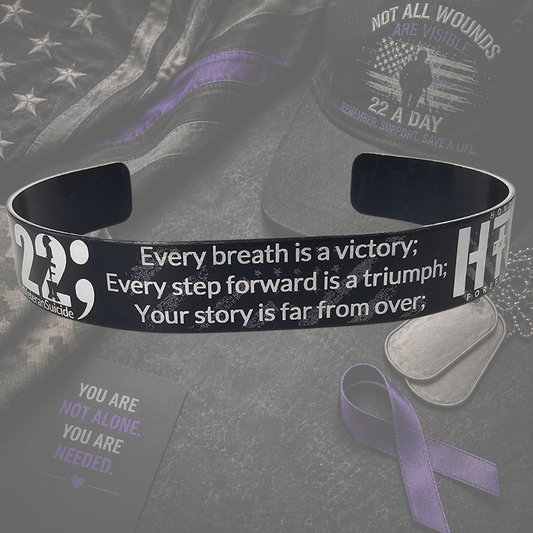 Veteran suicide awareness bracelet displayed on military 22 A Day tribute background