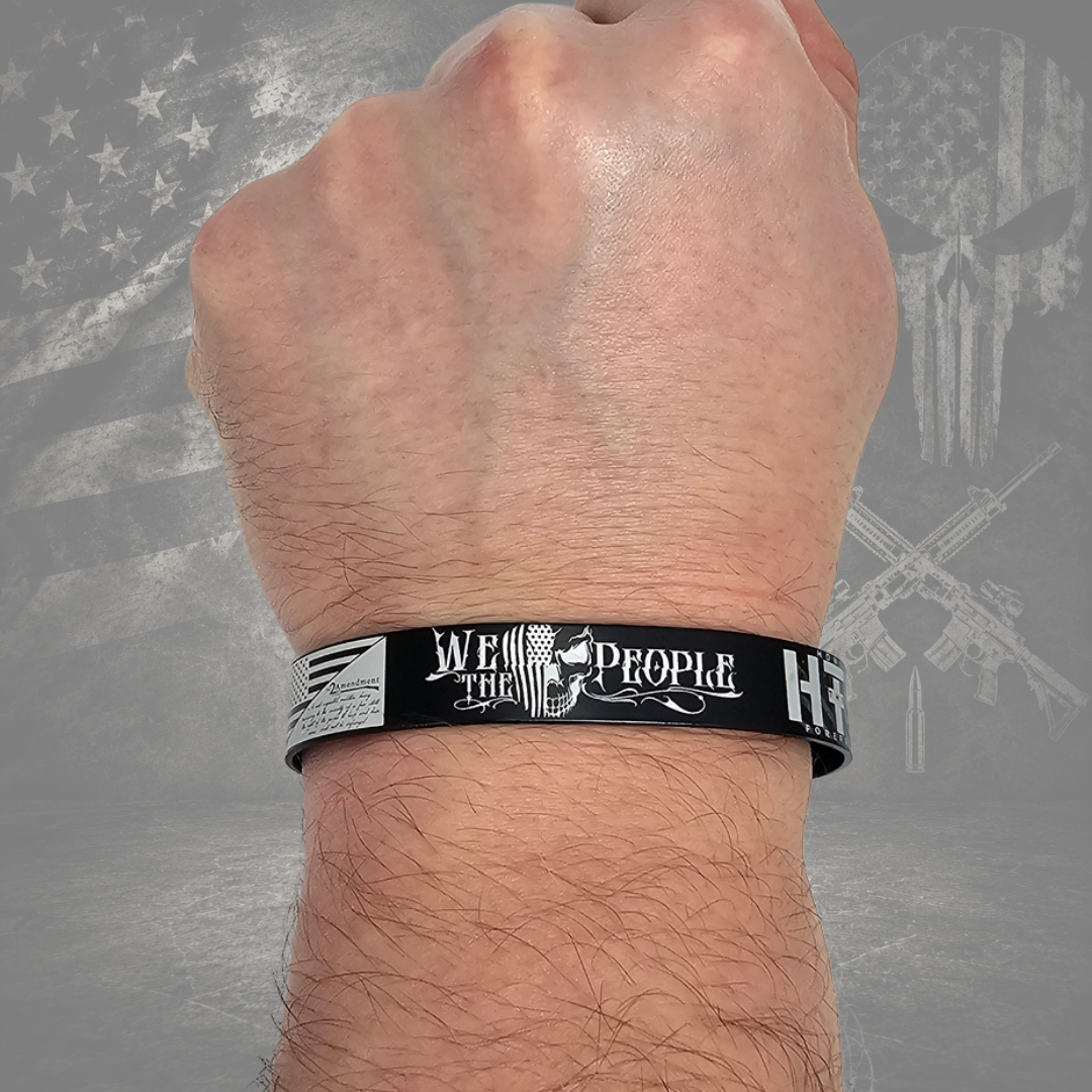 We the People Second Amendment black engraved bracelet with American flag and patriotic constitutional design